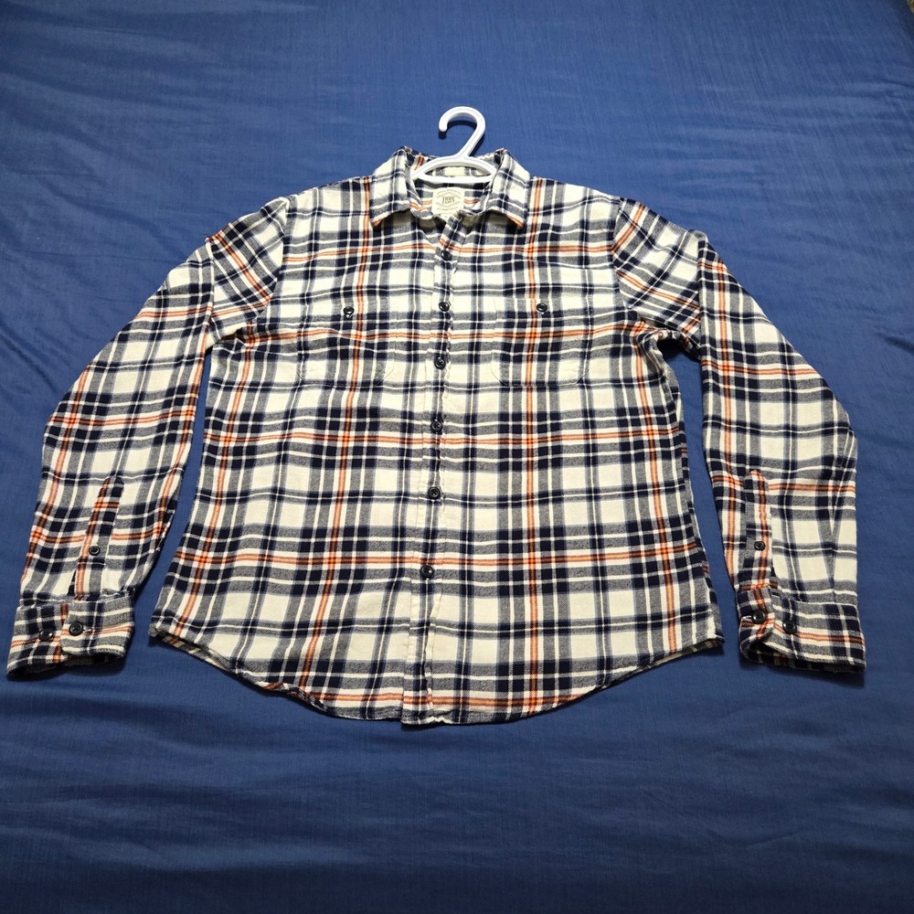 True Craft Flannel Shirt Mens M White Blue Plaid Excellent Button Down Cotton